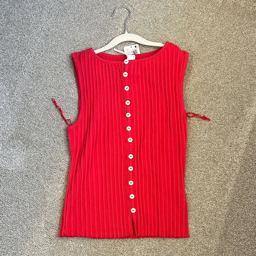Free People Ribbed Button-Front Tank Top in Bright Red